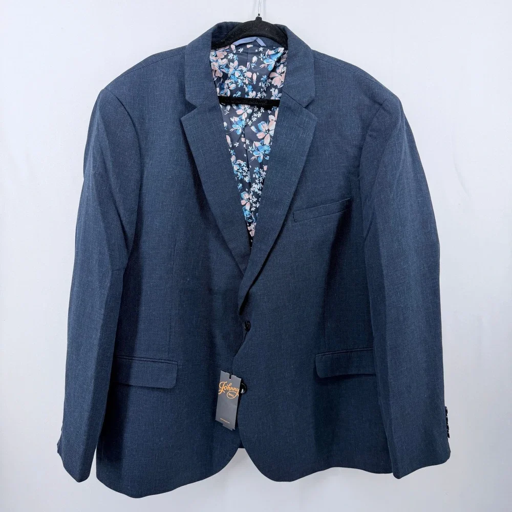 NWT Johnny Bigg Mens Navy Blue Linen Blend Blazer Floral Lining Jacket Size 52